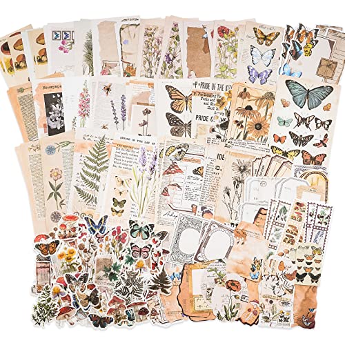 Knaid Vintage Scrapbook Supplies Pack (200 Pieces) for Junk Journal Bullet Journals Planners Botanical Paper Stickers Craft Kits Aesthetic Cottagecore Collage Album (Nature)