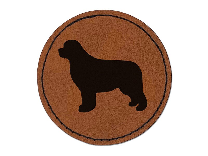 Newfoundland Dog Solid Round Iron-On Engraved Faux Leather Patch Applique - 2.5&#x22;