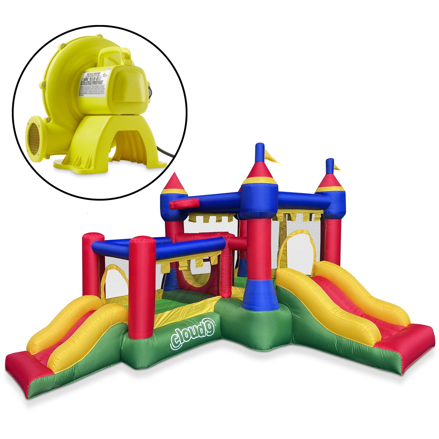 Cloud 9 Inflatable Castle Bounce House with Blower, Bouncer for Kids with Two Slides and Jumping Areas