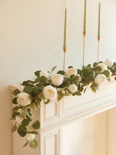 MISSPIN 2pcs Artificial Flowers Garland Eucalyptus Garland Vintage Fake Flower Peony Rose Vine Greenery Decorative Wall Hanging Plant for Wedding Arch Door Arrangement Party Decor (White,2pcs)