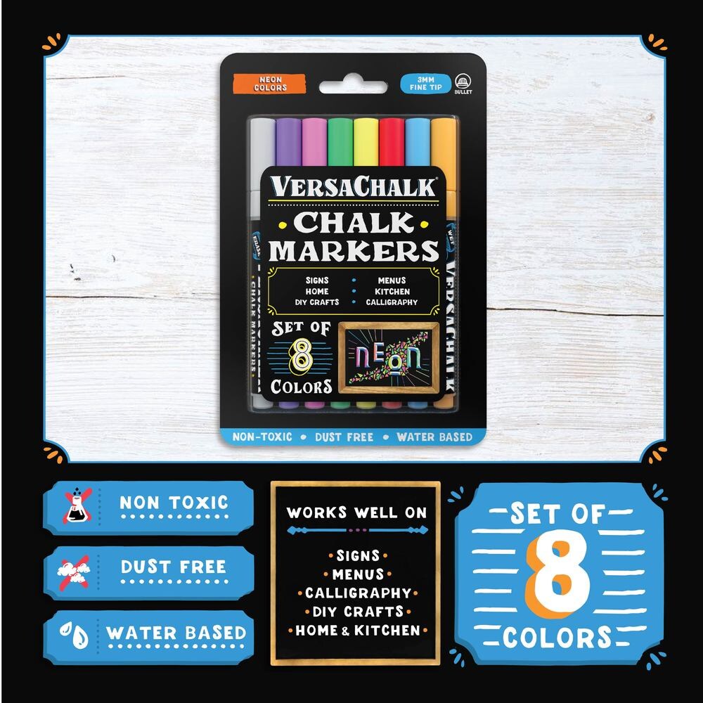 VersaChalk Neon Liquid Chalk Markers, Set of 8 - 3mm Tip