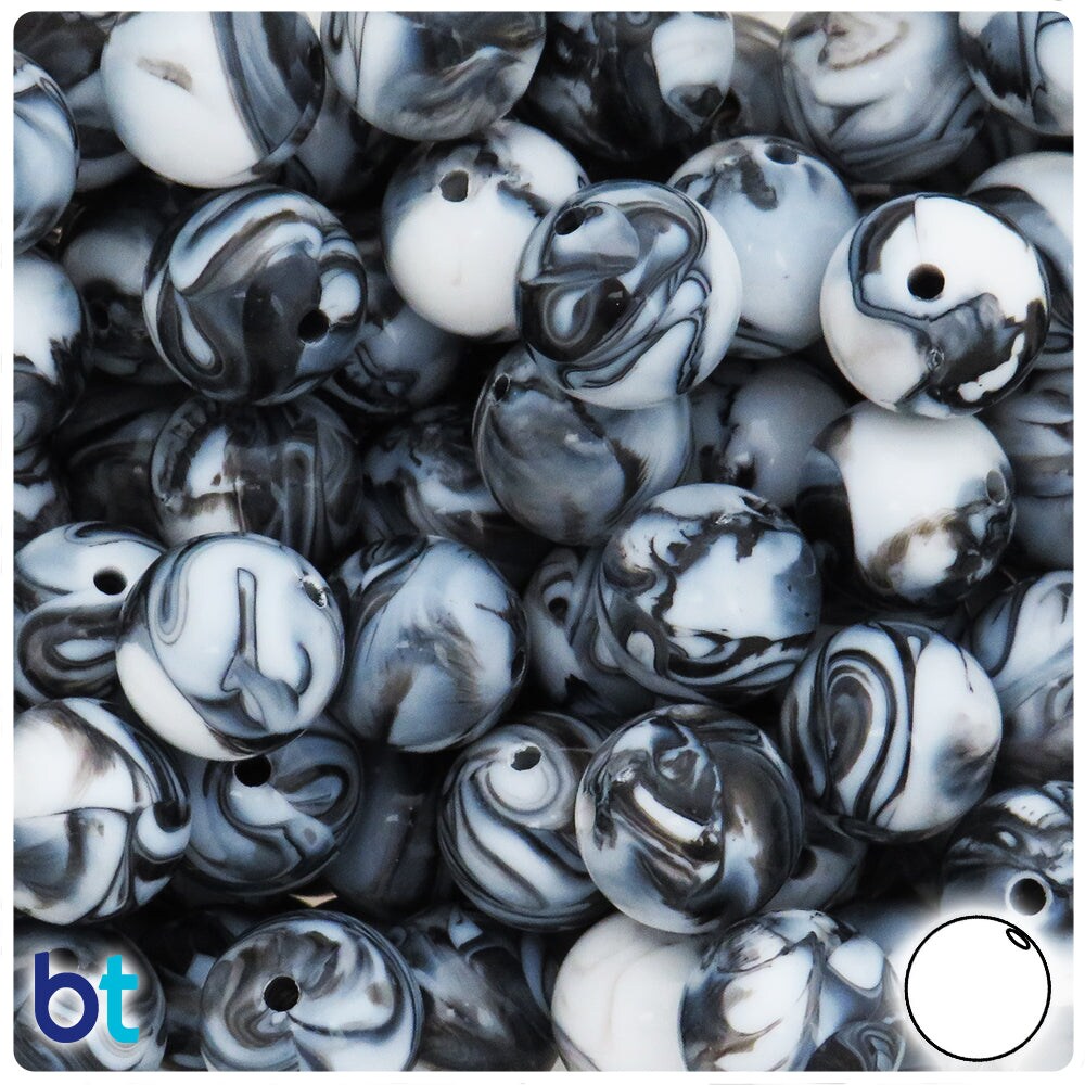 BeadTin Black Marbled 16mm Round Plastic Craft Beads (25pcs)