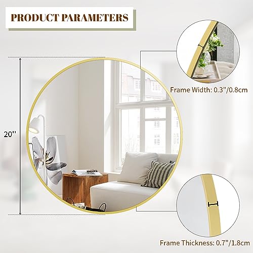 20 Inch Round Mirror, Gold Metal Frame Circle Mirror, Wall Mirror for Entryway, Bathroom, Vanity, Living Room, Gold Circle Mirror