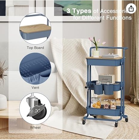 3 Tier Rolling Utility Cart with Covered Top Board, Movable Kitchen Storage Cart Trolley with Lockable Wheels, Cups, Hooks for Kitchen Bathroom Home Office Art Craft Storage and Organization (Blue).