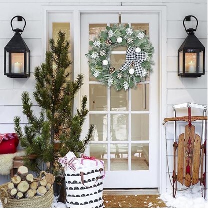 Artificial Christmas Wreath 22 Inch for Front Door Wreath with Bowknot Snowflake Christmas Ball Pinecone Pine Needle for Farmhouse Window Wall Xmas Festive Home Decor Winter Holiday Wreath
