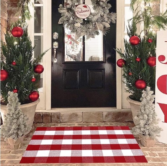Outdoor Front Door Decor Mat Cotton Washable Hand-Woven Rug - 28 x 43 Inches Christmas Red and White Plaid Rug Layered Christmas New Year Holiday Porch Entryway Doormat