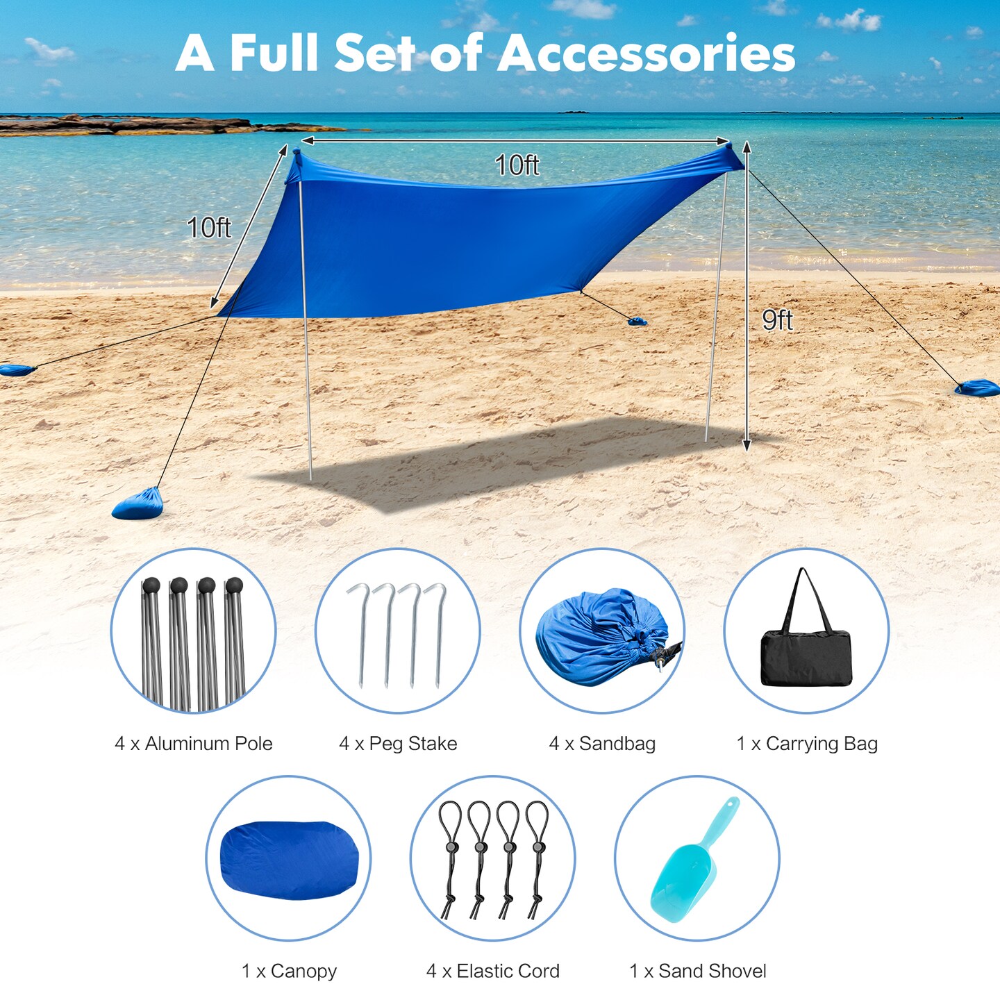 10 x 10 Feet Large Beach Sunshade Beach Tent Canopy with Sandbags-Blue