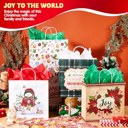 JOYIN 24 Pcs Christmas Kraft Paper Gift Bags with Twine Handles, 12 X 12 X 5&#x27;&#x27; Large Xmas Gift Bags with 12 Designs for Holiday Present Wrapping, Christmas Goodie Bags, Xmas Goody Bags Party Supplies