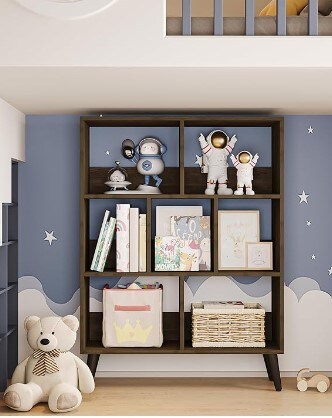 Brown 4-Tier Wooden Bookcase, 7 Cube Storage Organizer Bookshelves, Mid-Century Retro Bookcases with Solid Wood Legs, Free Standing Book Shelf for Home Office, Living Room