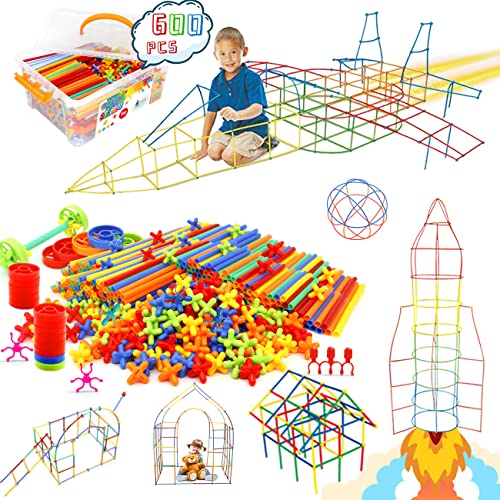 600 Pieces Constructor Toys STEM Building Toy Interlocking Plastic Engineering Thin Tube Blocks Educational Kit for 3 4 5 6 7years Kids Boys and Girls Gift