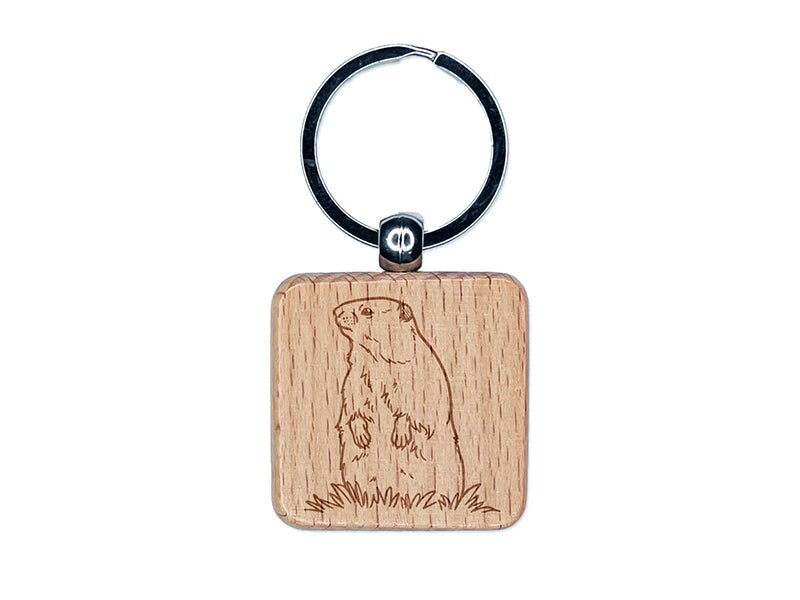Groundhog Woodchuck Standing Up Engraved Wood Square Keychain Tag Charm