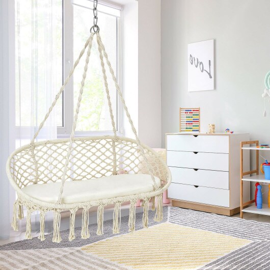 2 Person Hanging Hammock Chair Macrame Swing with Zippered Cushion