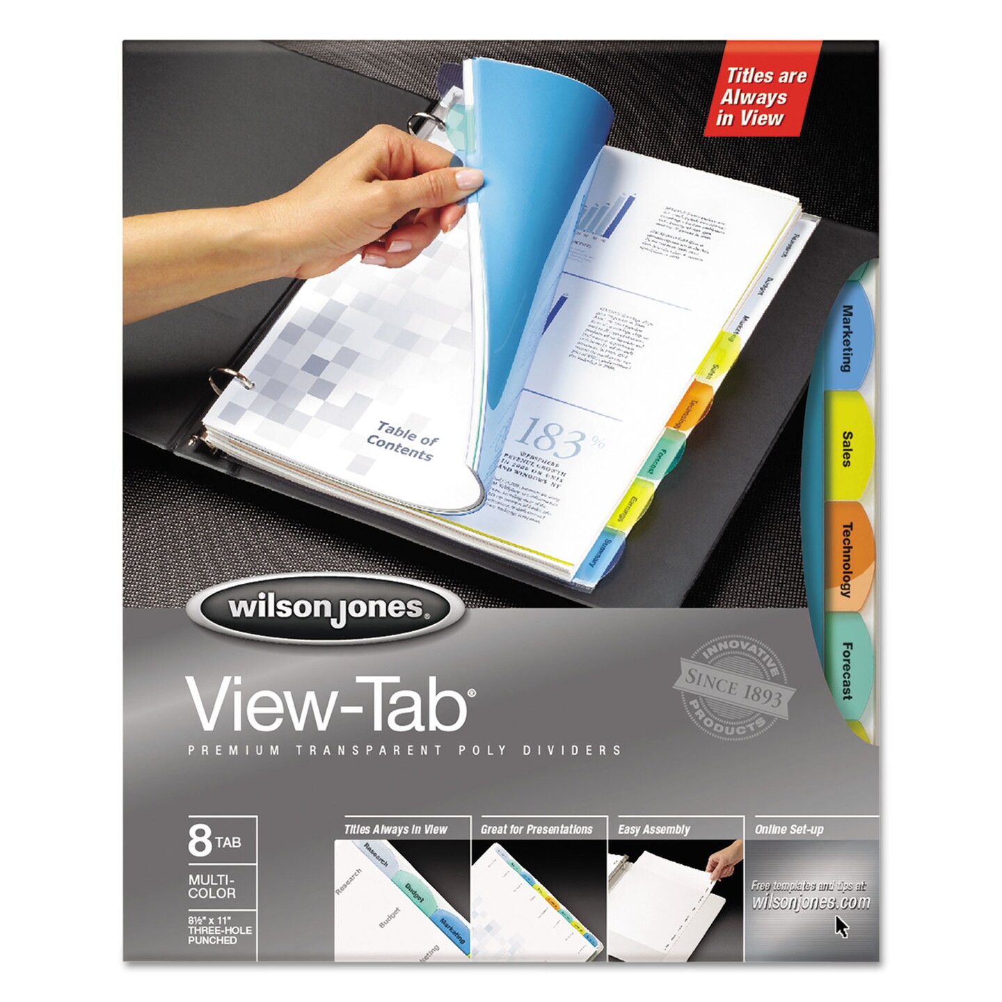 Wilson Jones View-Tab Transparent Index Dividers, 8-Tab, 11 x 8.5, Assorted, 5 Sets