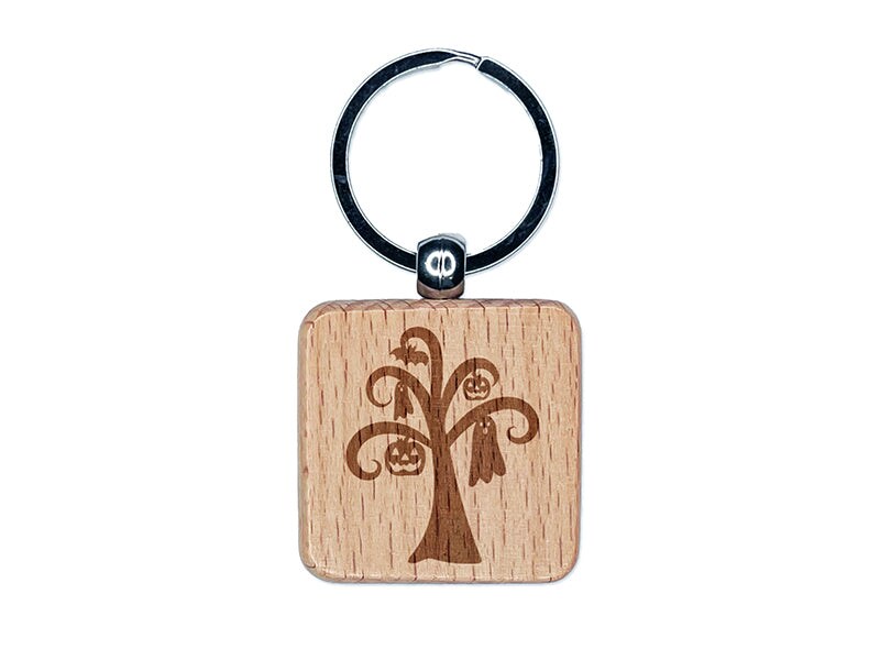 Halloween Tree Ghost Bat Jack-O&#x27;-Lantern Engraved Wood Square Keychain Tag Charm