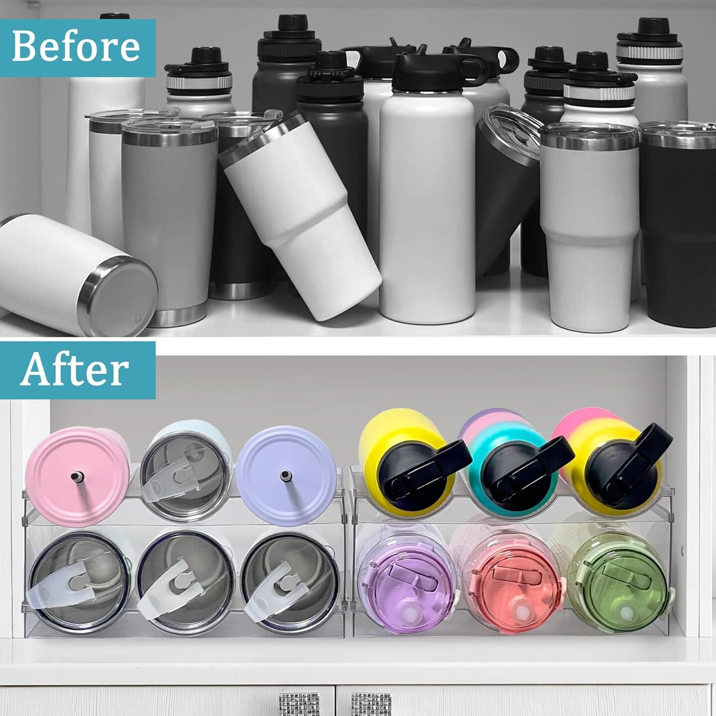 [ Large Compartment ] 3 Pack Water Bottle Organizer, Stackable Kitchen Home Organization and Storage Shelf, Plastic Water Bottle Holder for Fridge Cupboard Pantry Organizer, Tumbler Mug Cup Organizer