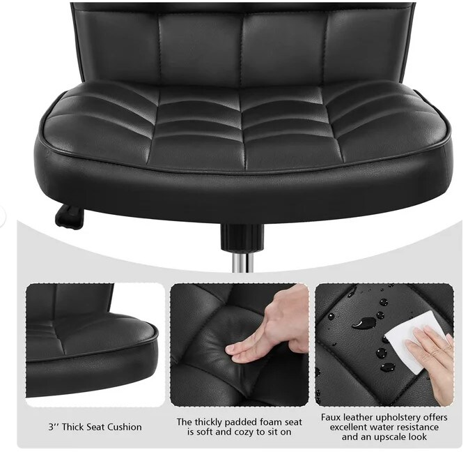 Black Modern Rolling Faux Leather Armless Desk Chair with Metal Base for Home Office