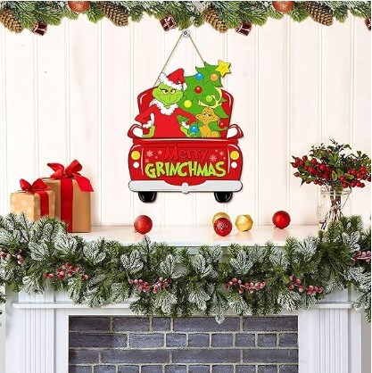 Christmas Door Hanging Sign Decorations, Merry Grinchmas Truck Wreath for Front Door, Wooden Door Signs of a Christmas Tree with a Dog Porch Wall Indoor Outdoor Holiday Decorations