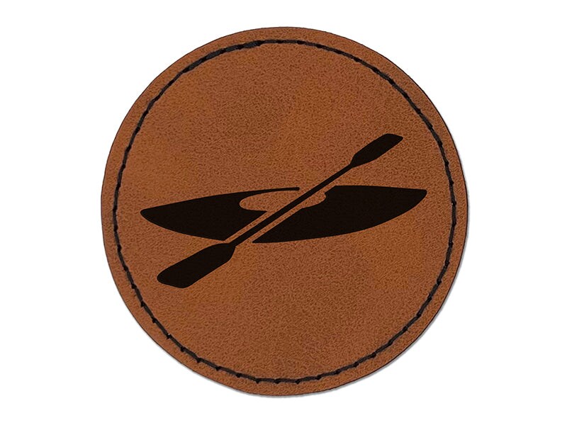 Kayak with Paddle Round Iron-On Engraved Faux Leather Patch Applique - 2.5&#x22;