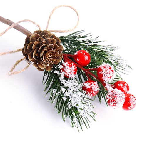10 Pieces Christmas Berries Pine Cones for DIY Crafts-Christmas Tree Picks Spray Evergreen Artificial Pine Branches Holly Stem,Xmas Garland Décor,Gift Wrap Embellishment (Red)