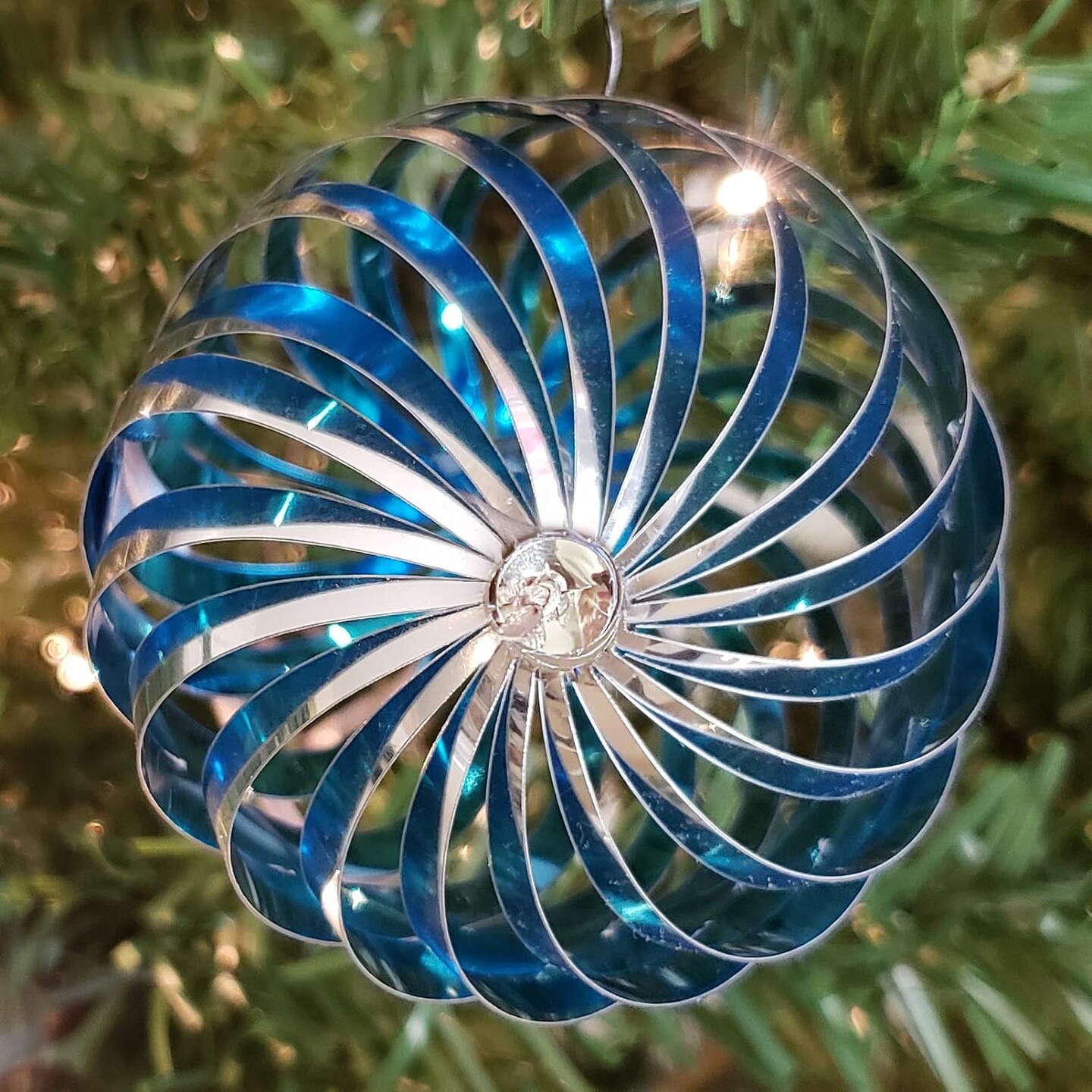 Silver Blue Swirl Pop-up Christmas Ball Ornaments 5 ct. 3&#x22;; COLLAPSIBLE Xmas Tree Reversible Plastic Ornaments; Shatterproof