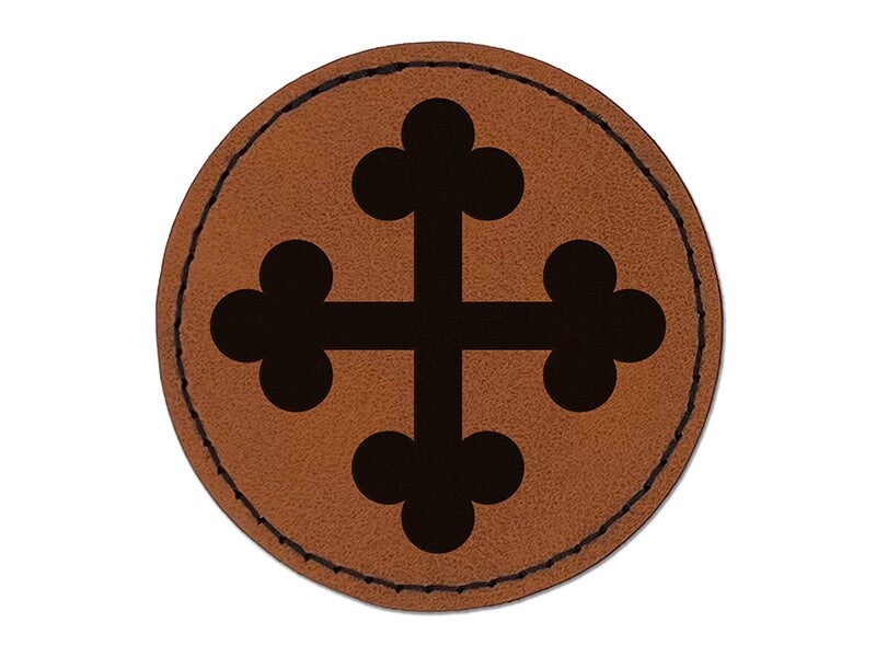 Cross Bottony Trefoil Buds Round Iron-On Engraved Faux Leather Patch Applique - 2.5&#x22;