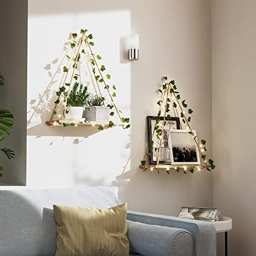 RICHER HOUSE Artificial Ivy LED-Strip Wall Hanging Shelves Set of 2, Macrame Shelf for Bedroom Bathroom Living Room Kitchen, Wood Hanging Plant Shelves for Wall D&#xE9;cor