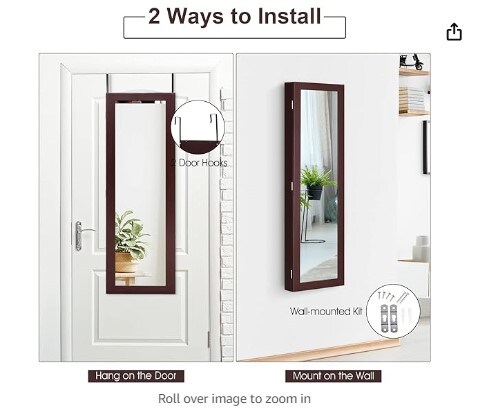 Full Length Mirror Jewelry Cabinet, Wall-Mounted Jewelry Organizer w/Makeup Mirror, Ring Slots and Necklace Hooks, Large Storage Jewelry Armoire for Bedroom, Dressing Room (Brown)