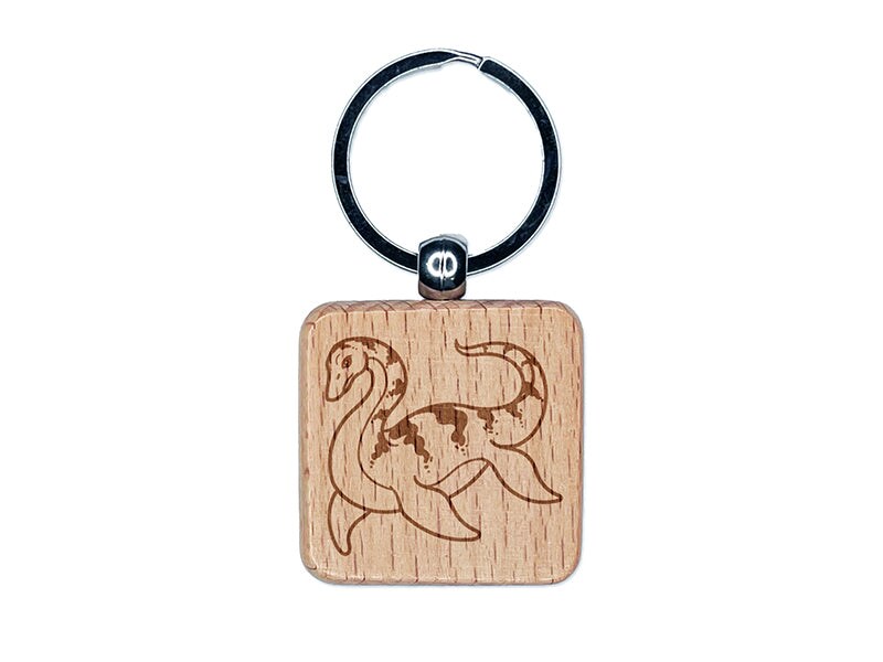 Nessie The Loch Ness Monster Swimming Engraved Wood Square Keychain Tag