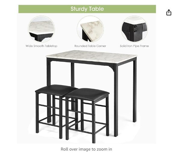3 Pieces Dining Table Set, 2 Person Kitchen Breakfast Table and Chair Set Pub Table and Chairs Set, Counter Height Dining Table Set with 2 Bar Stools (Black&White)