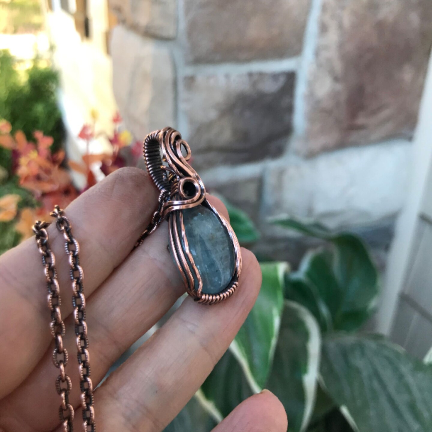 Aquamarine shops Natural Gemstone Combo Pure Copper Wire Wrap Pendant And Bracelet Birthstone March