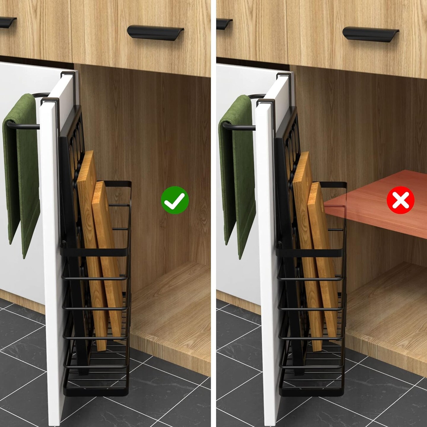 2 Pack Cabinet Door Organizer - Cutting Board Holder Rack with Towel Bar, Over Cabinet Door Storage for Foil, Plastic Wrap, Baking Sheet Kitchen Organizer