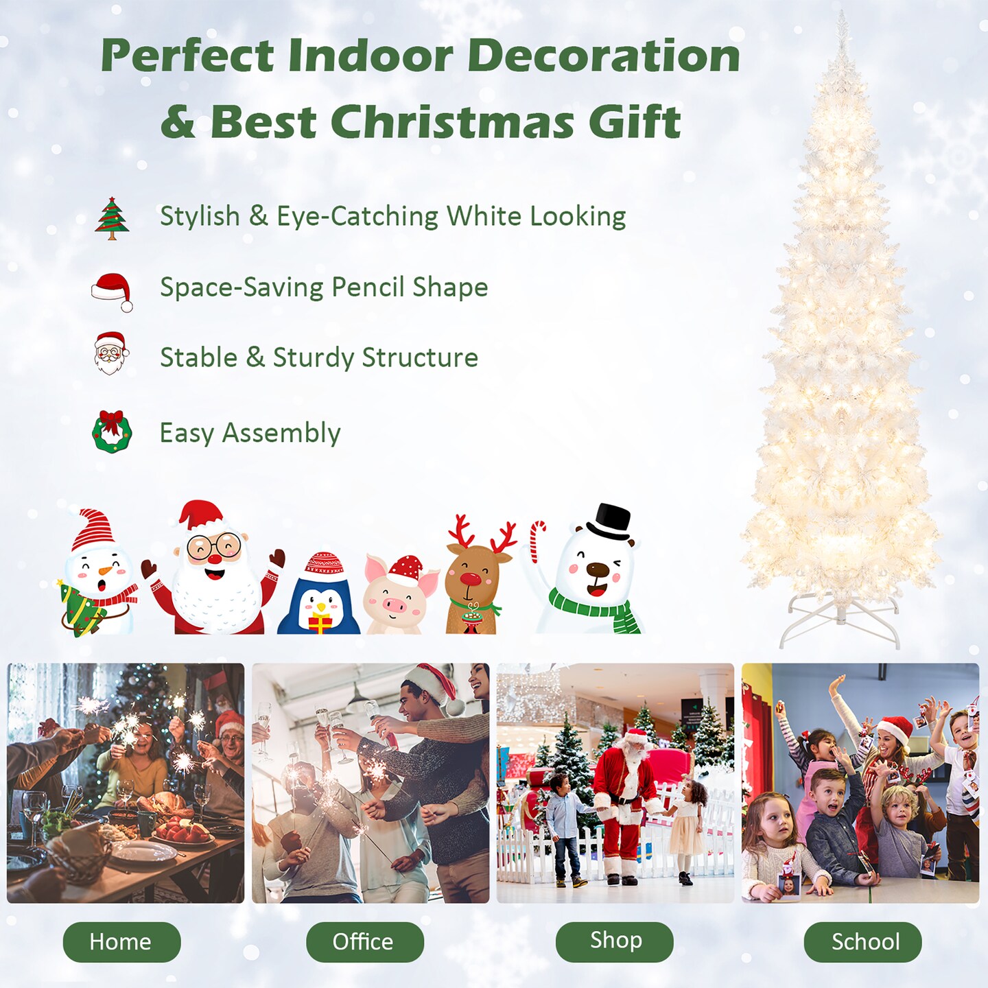 Costway 7FT Pre-Lit Hinged Pencil Christmas Tree White w/ 300 LED Lights &#x26; 8 Flash Modes