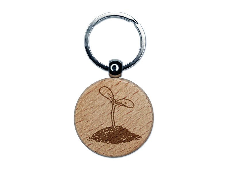 Seed Sprouting from Dirt Engraved Wood Round Keychain Tag Charm