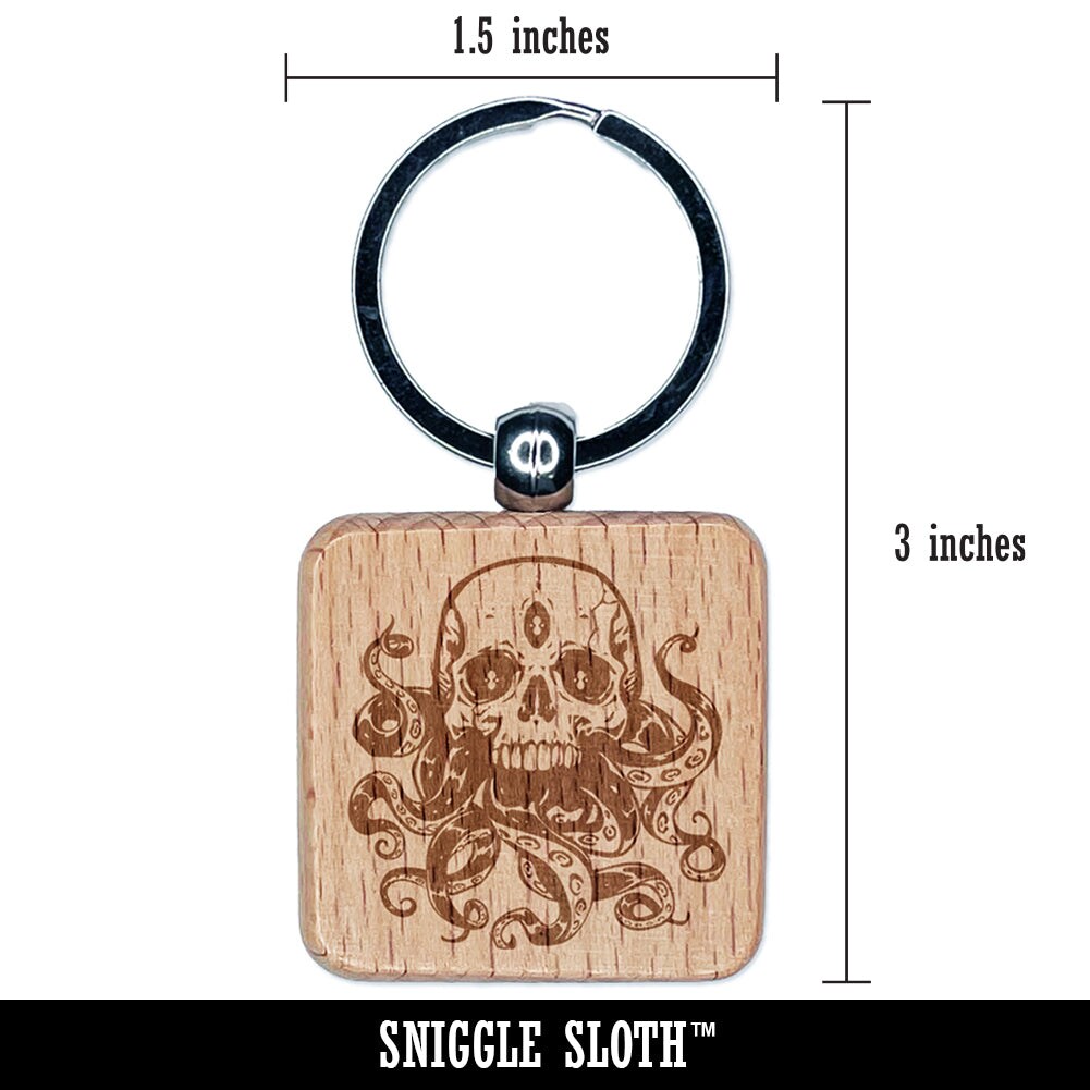 Cthulhu Skull with Octopus Tentacles Eldritch Horror Engraved Wood Square Keychain Tag Charm