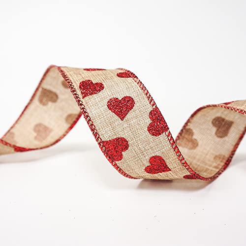1.5&#x22; x 20 Yards x 1 Roll Faux Jute with Red Glitter Heart Wired Ribbon for Home Decor, Gift Wrapping, DIY Crafts