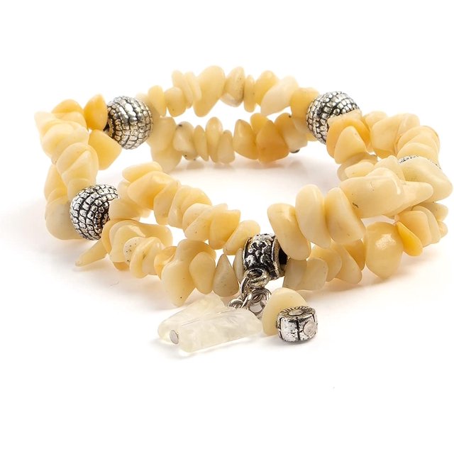 Earth&#x27;s Jewels Semi-Precious Honey Jade Naturel Jasper Yellow Bracelet 2-Strand, Butterfly Charm