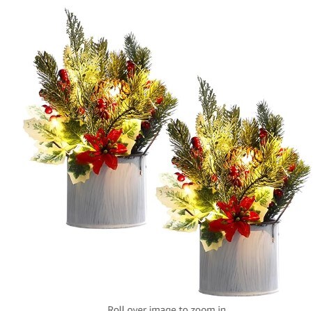 Artificial Christmas Table Decorations (Set of 6) Mini Christmas Centerpiece 10" LED-Lighted Potted Tree Red Berries with Pine Cones Artificial Plants for Christmas Tabletop with Sturdy Stand