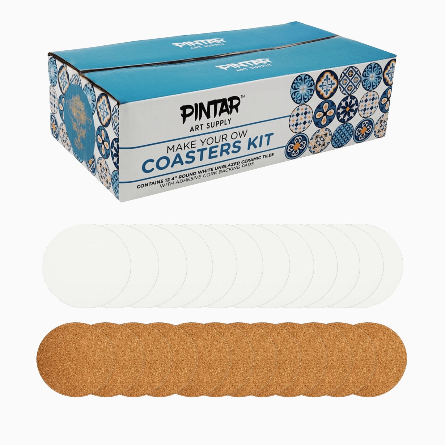 Pintar Make Your Own Coasters Kit12 Pack of 4” Round White Unglazed Ceramic Tiles with Adhesive Cork Backing Pads Use with Alcohol Ink, Acrylic Paints