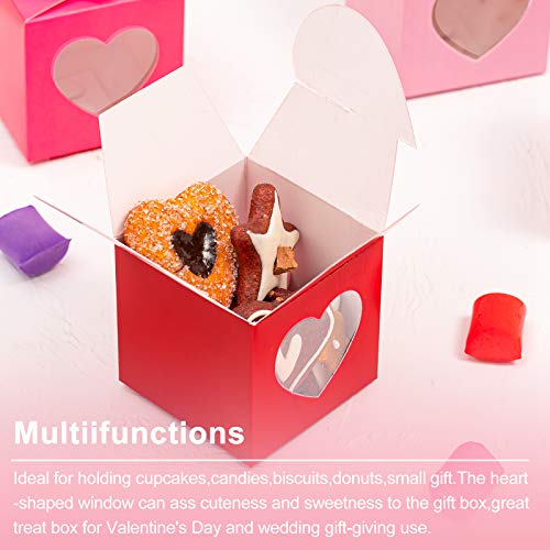 24 Pieces Valentine's Day Treat Boxes Red Rose Red Pink Heart Cardboard Box with Window 3 Inch Valentines Gift Container with Instruction for Goodie Cookie Candy Sweet Crafts Party Favor Supplies