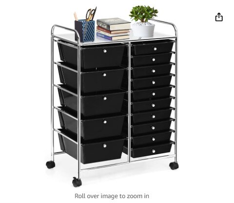 Rolling Storage Cart with 15 Drawers, Multipurpose Mobile Storage Organizer with Removable Drawers and Metal Frame, Utility Tools Home and Office Paper Organizer on Wheels (Black)