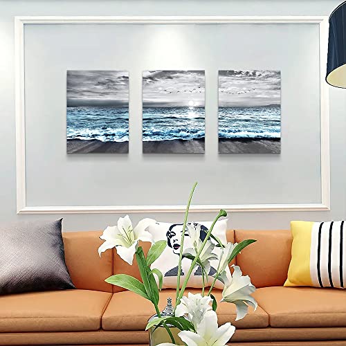 3 Piece Wall Decorations For Living Room Framed Canvas Wall Art For Bedroom Office Wall Decor Black And White Wall Painting Blue Ocean Sea Wave Pictures Artwork For Modern Beach Posters Home Decor