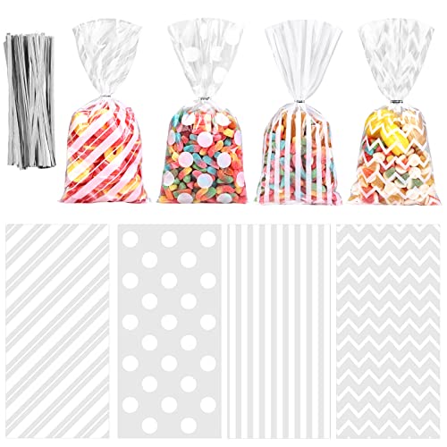 Aneco 100 Pack White Cellophane Bags Plastic Candy Bags Gift Bags Goodie Bags with Twist Ties for Valentine, Birthday, Gift Cookie Snack Packing Party Favor Supplies
