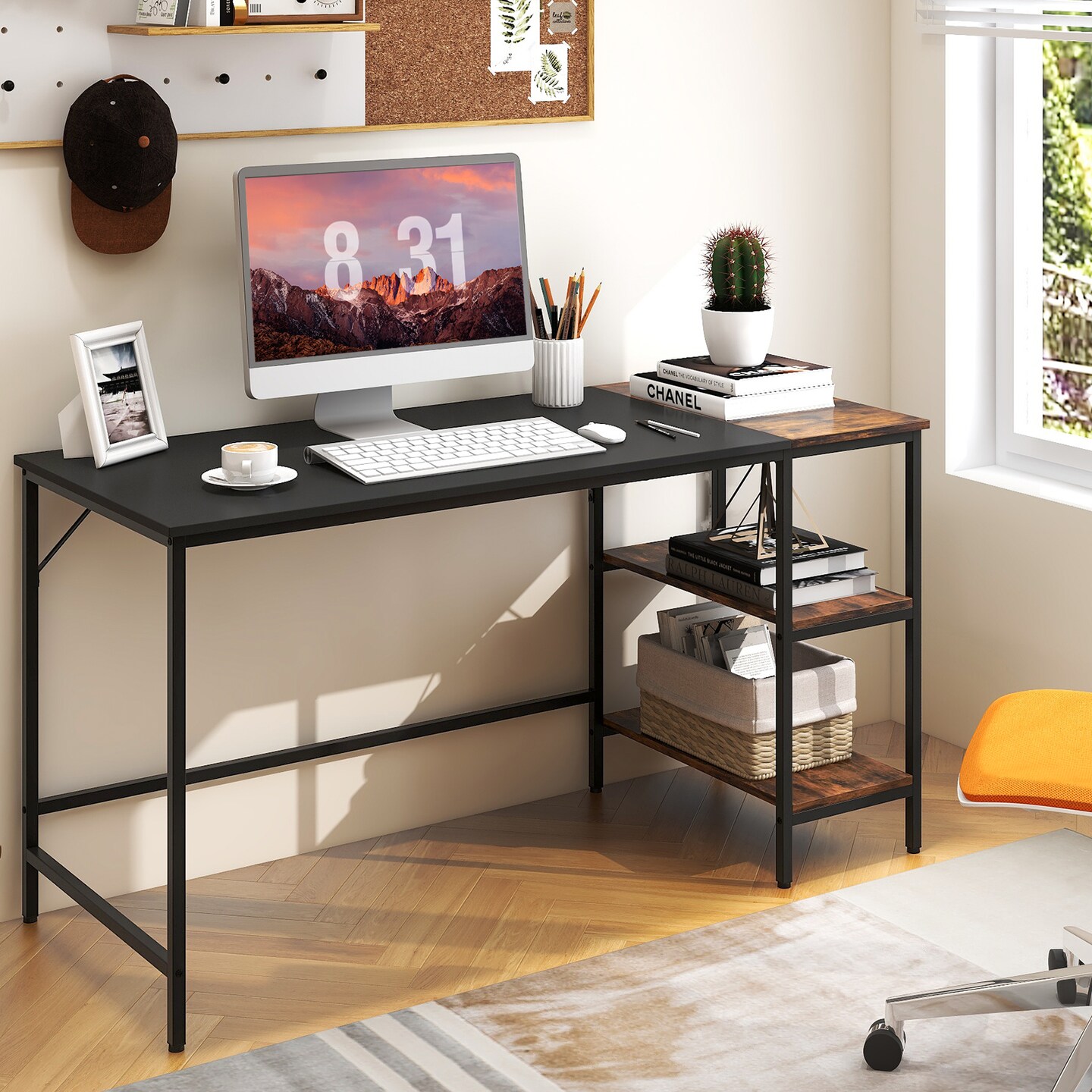 55" Modern Industrial Style Study Writing Desk with 2 Storage Shelves