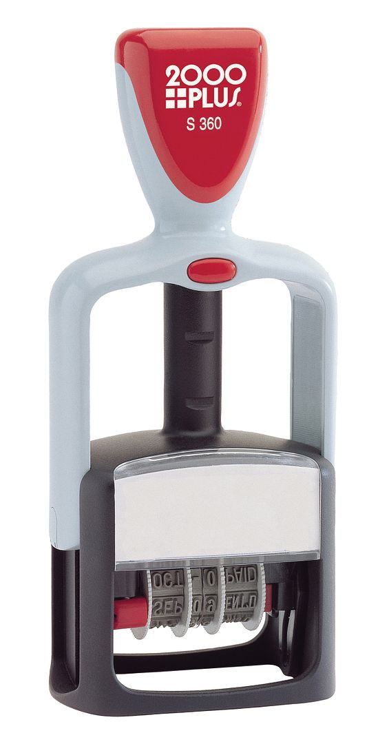 2000 PLUS Date and Phrase 4-in-1 Stamp with Band Shield, 2-Color ENTERED, FAXED, PAID, RECEIVED, 1-/4&#x22; X 1-13/16&#x22; Impression, Self-Inking, Red and Blue Ink