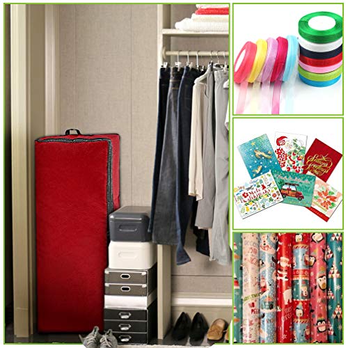 Wrapping Paper Storage Container | Gift Wrap Organizer Under Bed | 41”x14”x6” | Fits 18-24 Rolls Up to 40” | Durable 600D Oxford Material | Box Holder with Pockets for Ribbon, Bows and Accessories (Red)