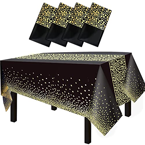 4 Packs 54"x108" Gold Wave Point Black Disposable Plastic Table Cover Waterproof Tablecloths for Rectangle Tables up to 8 ft in Length Party Decorations