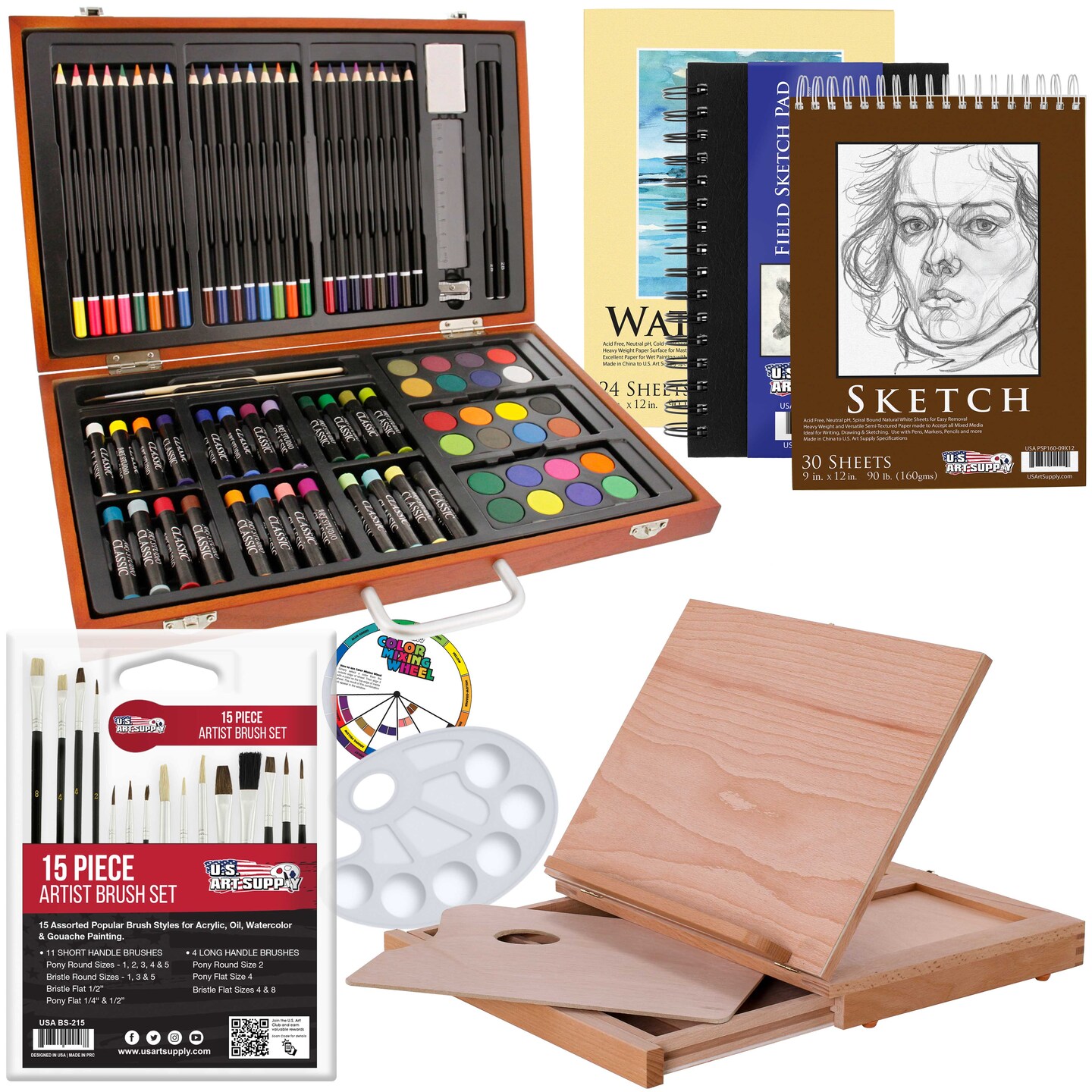 U.S. Art Supply 104-Piece Deluxe Art Creativity Set in Case with Wood  Easel, Painting Pad, 2 Sketch Pads, 24 Watercolors 17 Brushes 24 Colored  Pencils