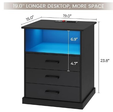 Large Bedside Table with 3 Storage Drawers, Black Night Stand for Bedroom, Wider Tabletop