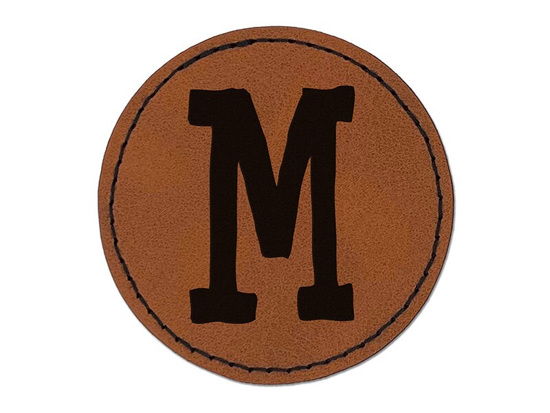 Letter M Uppercase Cute Typewriter Font Round Iron-On Engraved Faux Leather Patch Applique - 2.5&#x22;