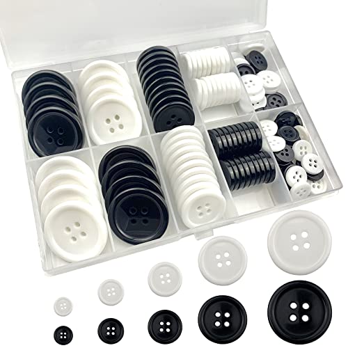 162 Pieces Mixed Resin Sewing Buttons, Eco-Friendly 1 inch Buttons with Compartmentalized Storage Box Black Buttons, 4 Holes 5 Sizes DIY White Buttons, Suitable for Sewing, DIY and Holiday Decoration.